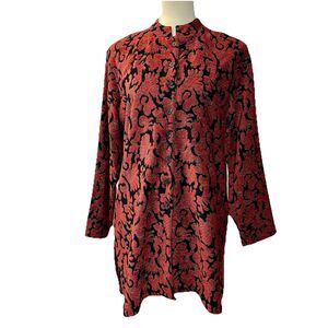 Chico's Design Size 2 (L) 90s Shirt Jacket Red Texture Embroidery Mandarin Artsy